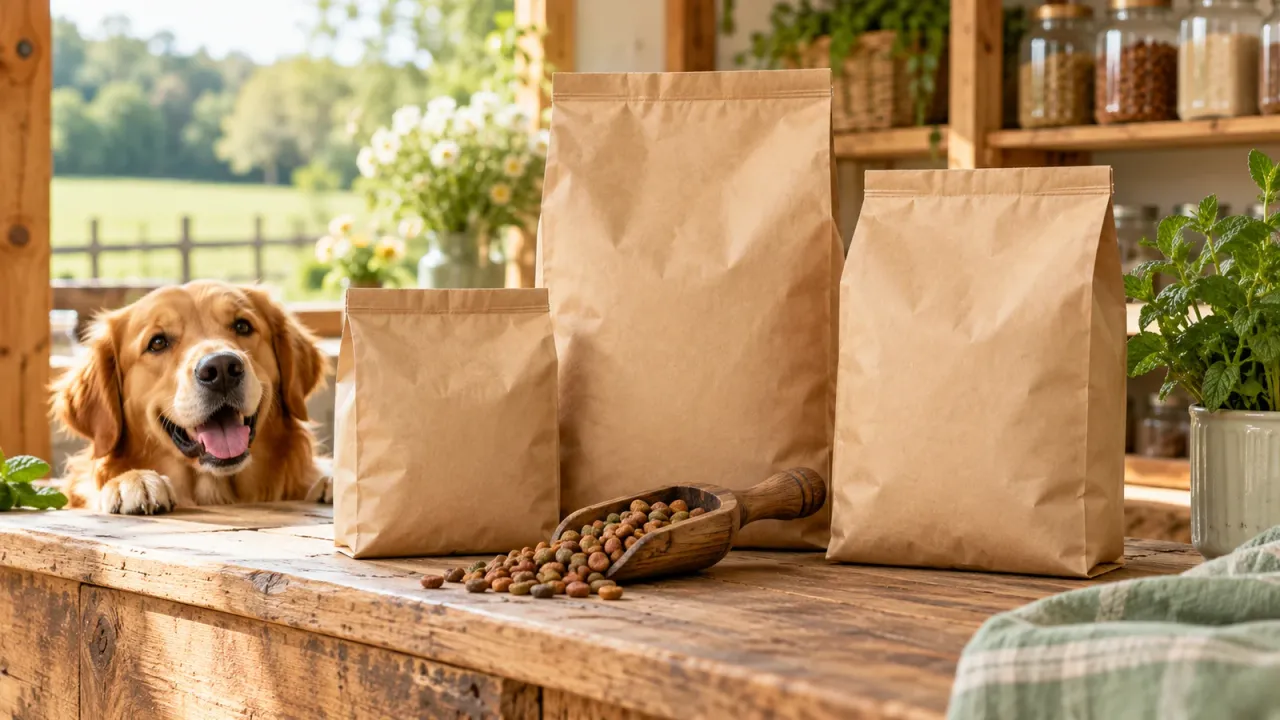 Unbedruckte Papiersäcke mit Hundefutter und eine Holzschaufel auf einem rustikalen Hofladentresen, am Rand ein freundlicher Hund.