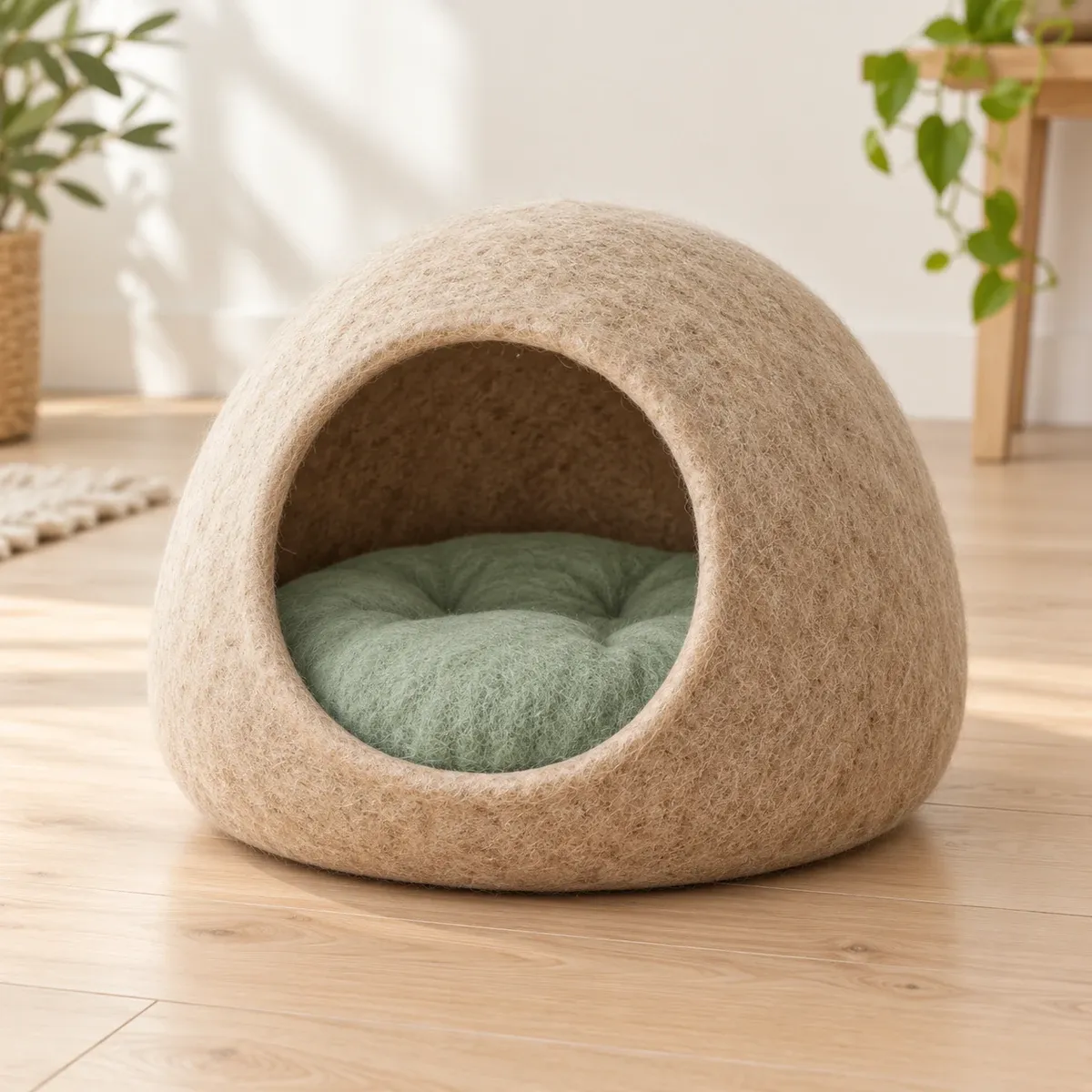 Sandbeige Katzenhöhle aus Wollfilz mit weichem mintgrünem Kissen auf hellem Boden.