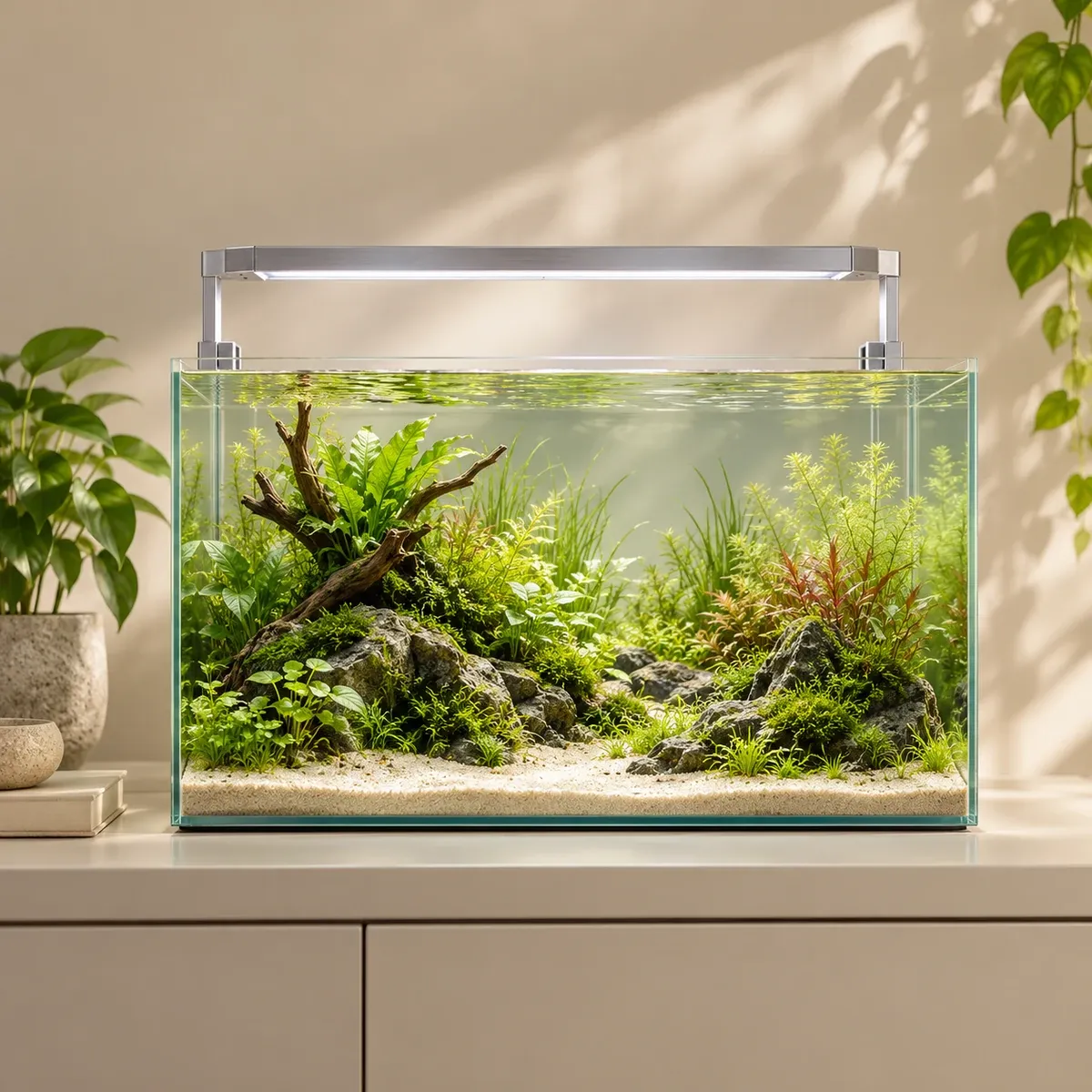 Schlanke LED-Aquarienleuchte auf einem kleinen offenen Pflanzenaquarium mit sanften Reflexionen.