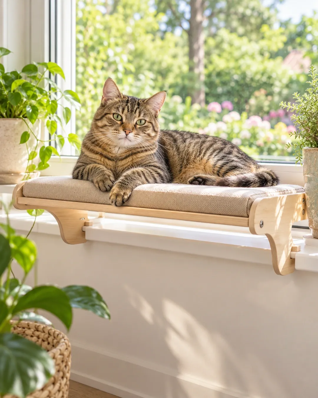 Getigerte Katze liegt entspannt auf einer hellen Holz-Fensterliege mit beigem Polster vor einem Fenster mit Gartenblick.