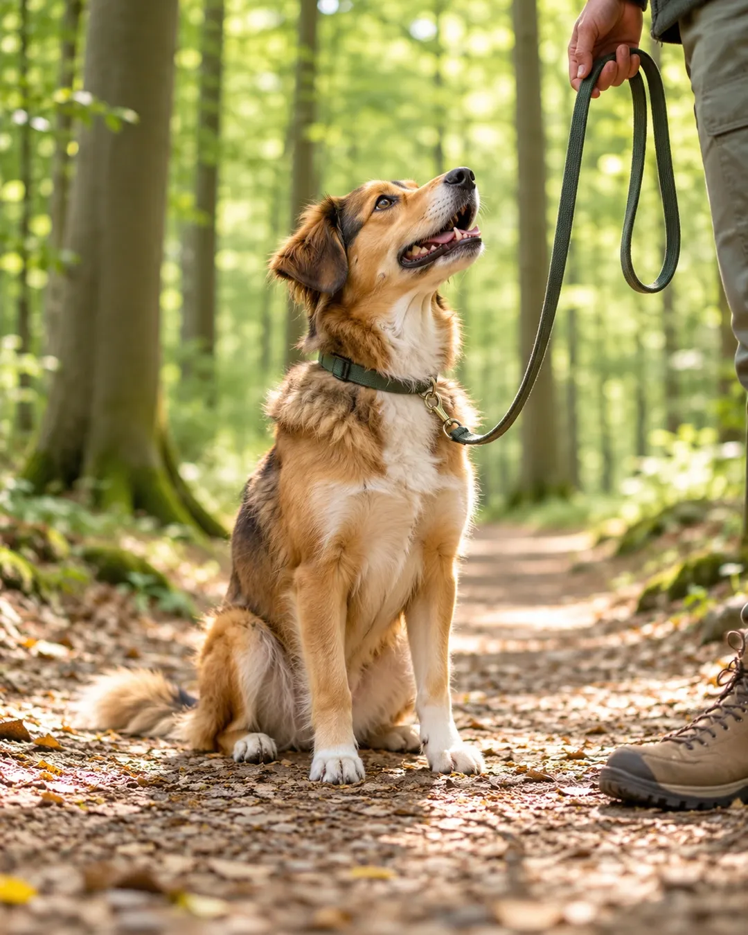 Aufmerksamer Mischlingshund sitzt auf einem sonnigen Waldweg und schaut zu einer Person mit lockerer Leine hoch.